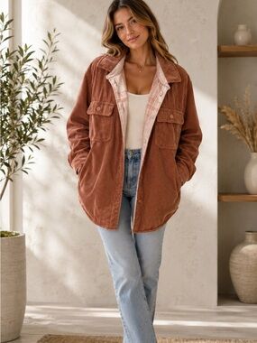 Love Tree Rust Corduroy Shacket with Cream Lining